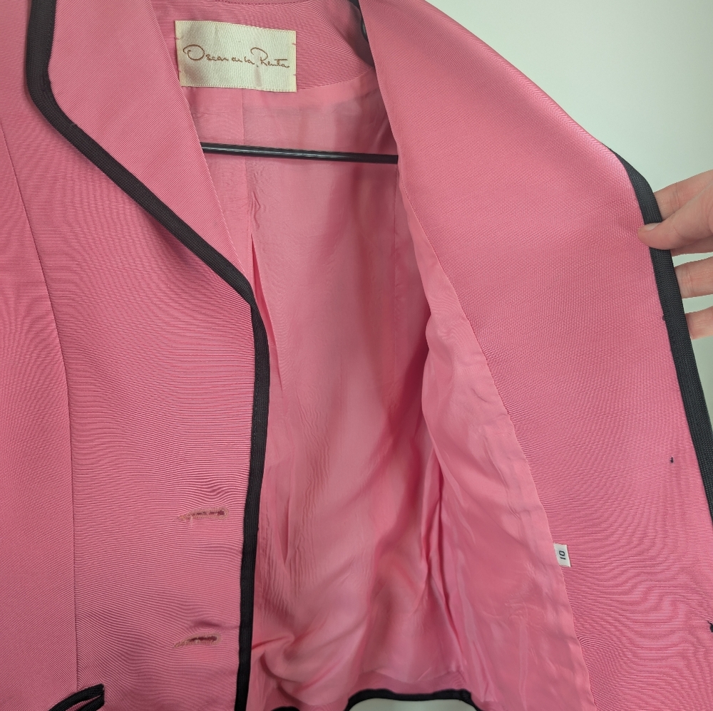 Vintage '80s Oscar De La Renta Size 10 Pink Women's Jacket with Black Trim - Picture 8 of 9